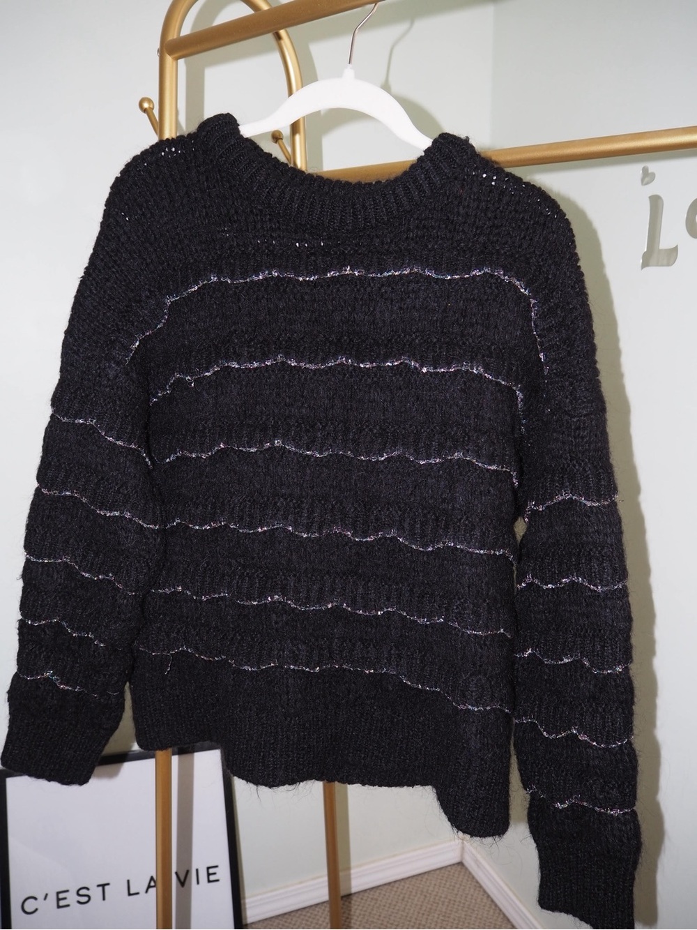 Black Chunky Textured Ribbed Knit Iridescent Shimmer Stripe Sweater Top